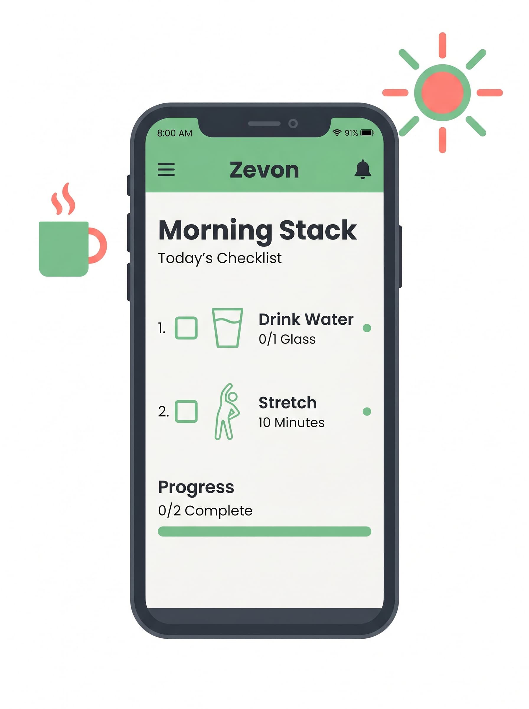 Zevon morning stack checklist in light flat mode