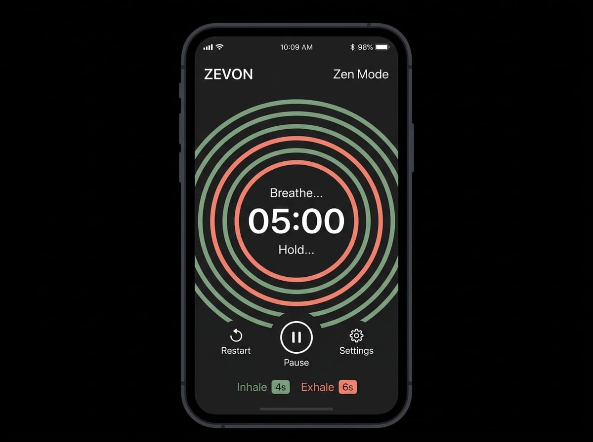 Zevon Zen Mode breathing timer with minimal distraction-free visuals
